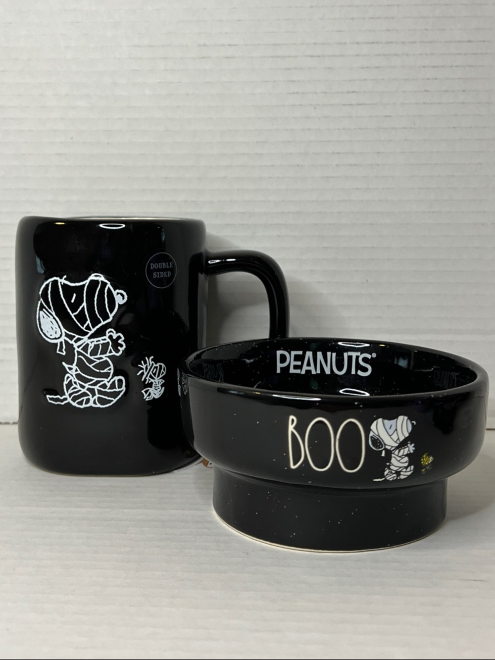 Rae Dunn Peanuts Halloween Snoopy Mummy Trick or Treat Black Mug Bowl Set New